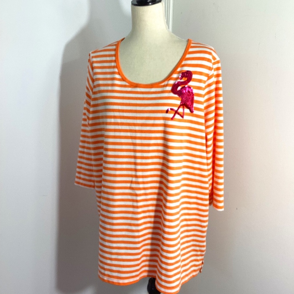 NWOT QUACKER FACTORY PLUS 1X TOP 3/4 SLEEVE ORANGE STRIPES PINK SEQUINS FLAMINGO